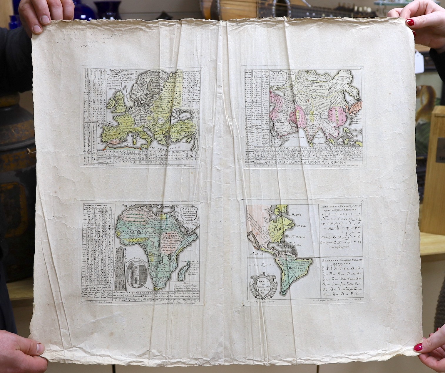 Godofredo Henselio [i.e., Gottfried Hensel], Scholae A. C. ap. Hirschb, four mappae geographico-polyglottae, in various languages and scripts, Nuremburg: Homann Heirs, 1741. and another map of Europe